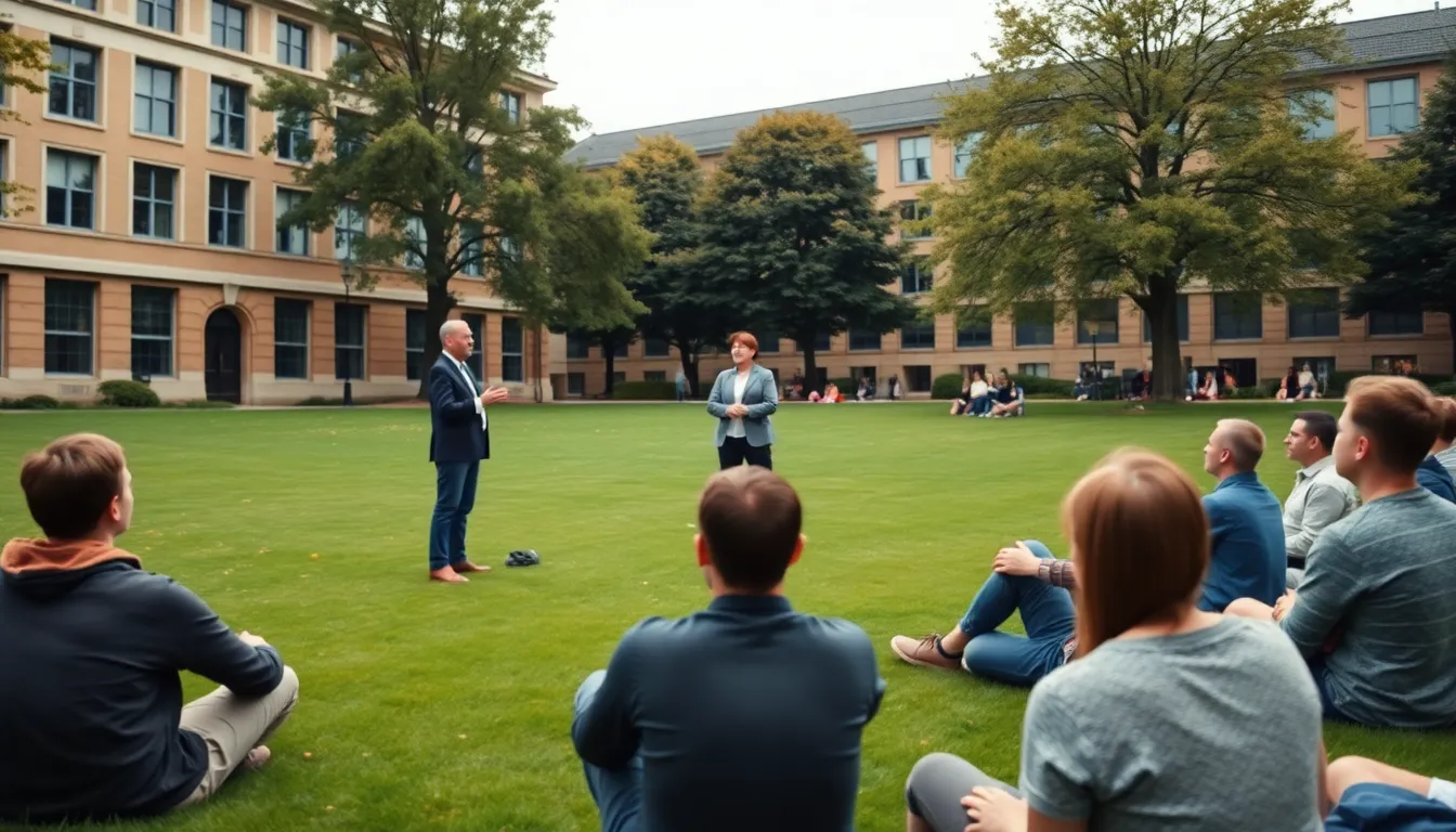 An outdoor physics lecture takes place under a cloudy sky, with a lecturer passionately engaging students seated on the lawn. The overcast lighting creates an even, soft illumination that enhances the serene academic atmosphere. With a moderately shallow depth of field, the lecturer stands in sharp focus, drawing attention amidst a softly blurred audience. This image highlights the connection between knowledge and nature in higher education.