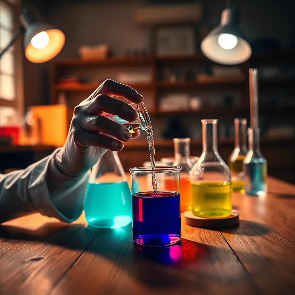 Physicist Conducting Experiment with Liquids In this intimate close-up, a physicist's hands expertly conduct an experiment with vibrant liquids in glass beakers. Illuminated by warm tungsten light, the image captures the dynamic play of colors and textures. The shallow depth of field elegantly blurs the background, emphasizing the hands and the colorful beakers, while the wooden laboratory bench adds warm organic texture to the scene.