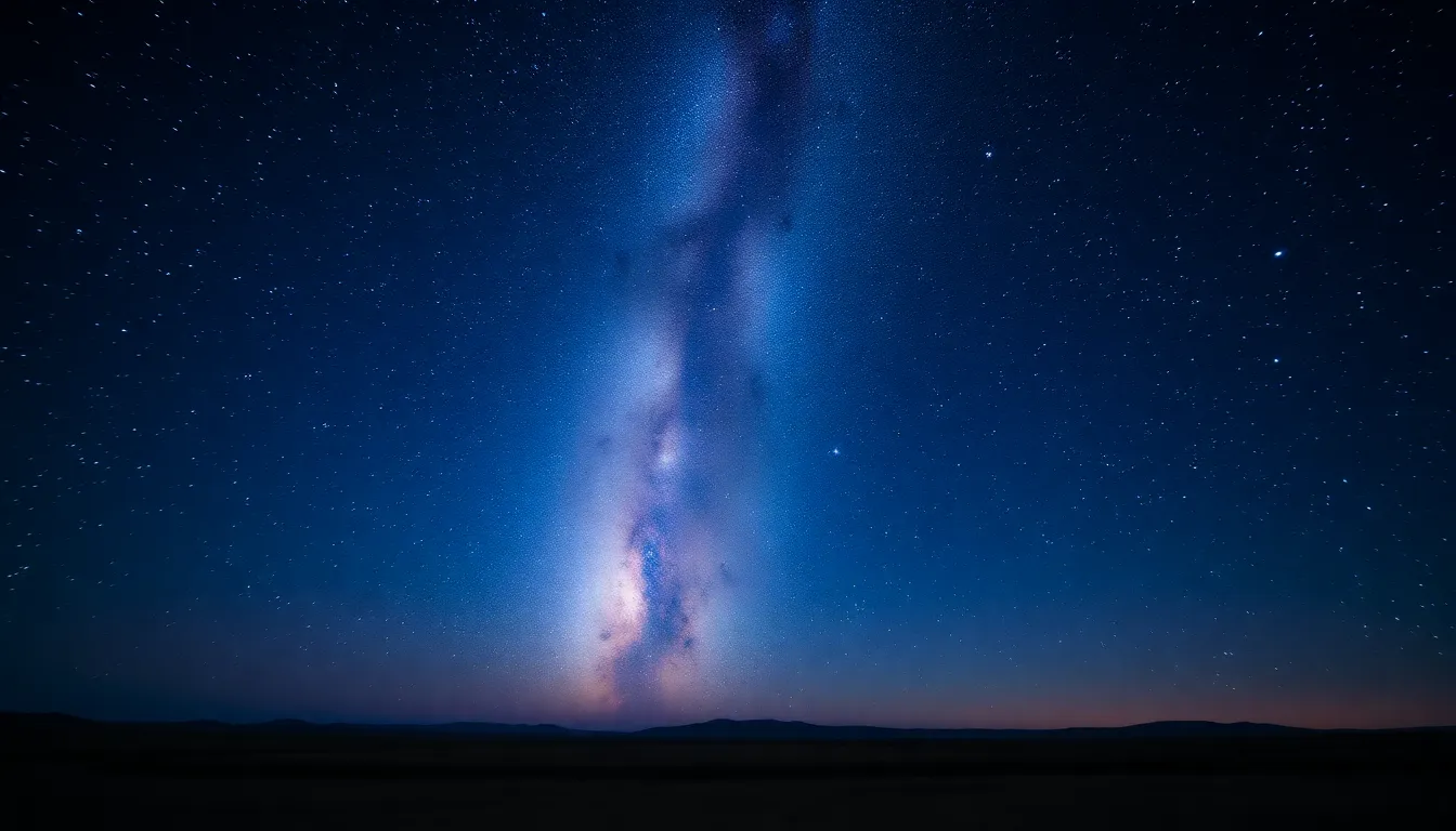 A breathtaking solar eclipse casts its shadow over a serene desert landscape, with rolling sand dunes beautifully framed in the foreground. Rich twilight colors of deep blue and burnt orange envelop the scene, evoking a sense of mystery and awe. The sharp focus across the entire image captures every detail, from the texture of the dunes to the celestial event overhead. This image invites viewers to contemplate the wonders of nature and the universe.