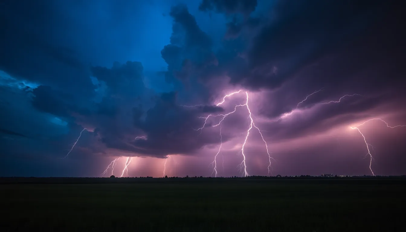 Dramatic Thunderstorm with Lightning Strikes An awe-inspiring image depicting a dramatic thunderstorm with brilliant lightning illuminating an open field. The twilight sky is alive with deep blues and purples, showcasing the electrifying beauty of nature's forces. This striking composition captures the intensity of weather phenomena, emphasizing the physics behind lightning and storms, while the textures of the storm clouds add depth and intrigue.
