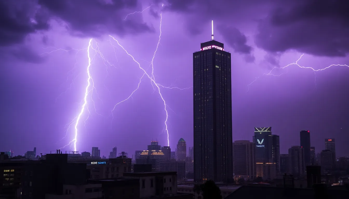 Lightning Striking Building During Thunderstorm This powerful image captures a dramatic moment as lightning strikes a tall building during a storm. The striking white and purple flashes illuminate the darkened cityscape in sharp contrast. Taken with a telephoto lens, the photograph showcases the intensity and volatility of weather phenomena, drawing the viewer into the scene. The striking colors of the storm add a dramatic flair, emphasizing the awe-inspiring power of nature and physics.