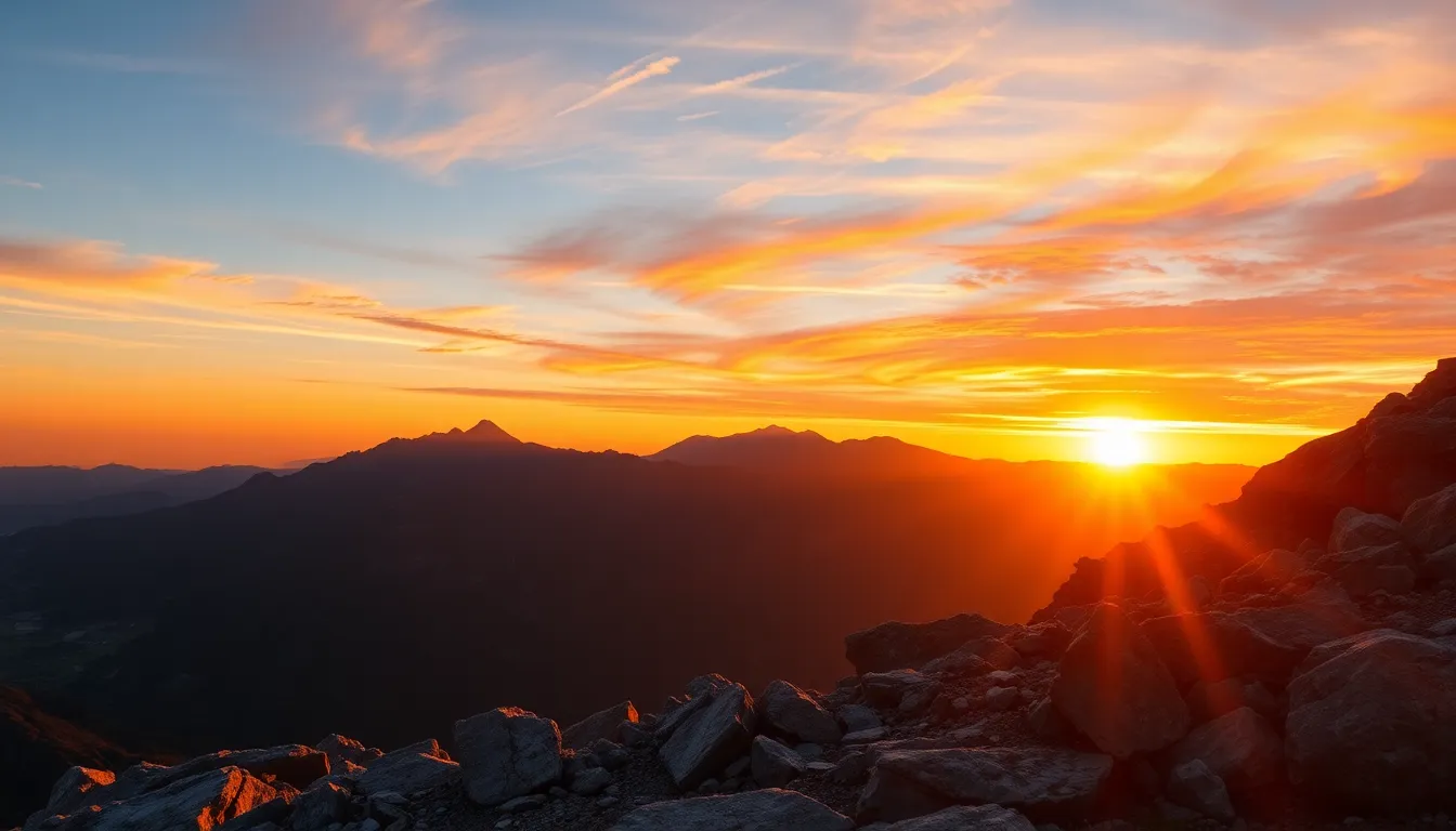 This breathtaking landscape captures the stunning physics of light during sunset, as warm oranges and purples paint the sky over majestic mountains. The golden hour lighting creates dramatic contrasts and highlights the rugged textures of the peaks. With everything in sharp focus, the composition effectively leads the viewer’s eye toward the horizon, where beauty and depth come together. It’s a mesmerizing portrayal of nature’s majesty and the interplay of light.