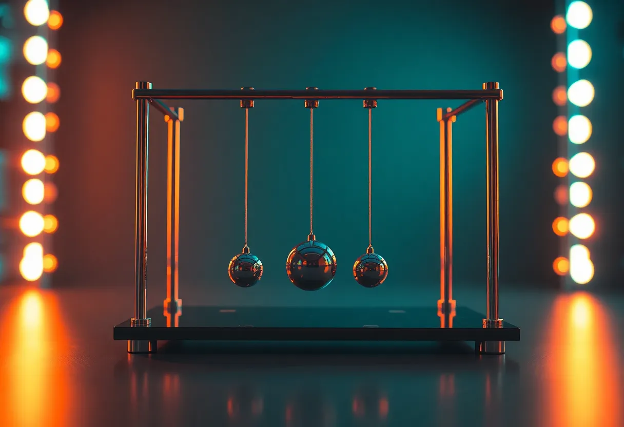 This striking image captures the dynamic movement of a Newton's Cradle, highlighting the principles of physics through its kinetic energy. Shot with a high-performance camera, the detailed textures and reflections of the metallic spheres are accentuated by cool studio lighting that casts dramatic shadows. The image’s cinematic color grading invokes a sense of excitement and energy, creating a visually engaging representation of classic physics concepts in a sleek, modern setting.