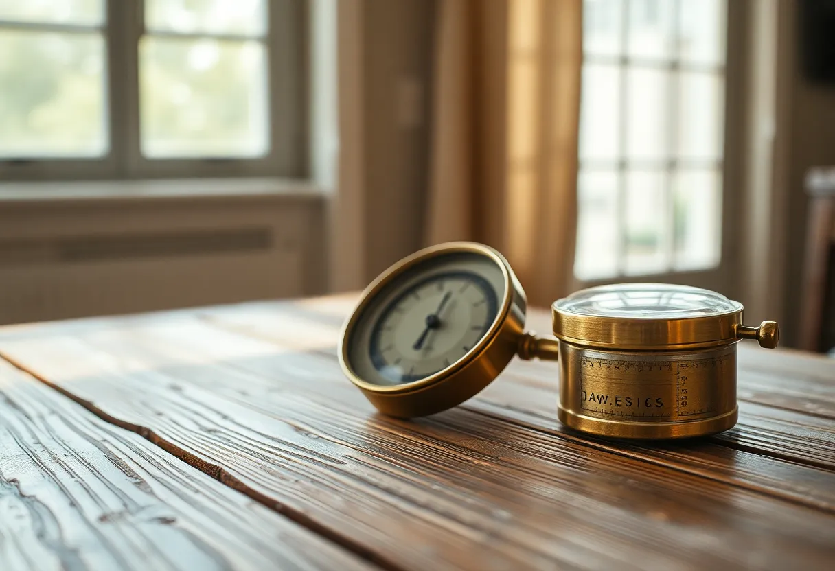 An artistic close-up of a vintage barometer, symbolizing the intersection of physics and weather phenomena, resting on a rustic wooden table. The intricate brass workings of the barometer glint softly in the natural light, while the weathered wood provides a tactile contrast rich in texture. The shallow depth of field isolates the barometer's details against a softly blurred background, creating a nostalgic atmosphere. The composition is centered, drawing the viewer's eye to the exquisite craftsmanship of this historical instrument.