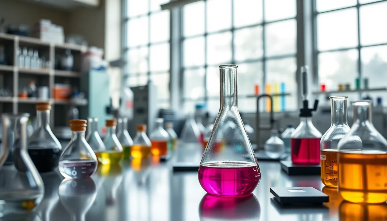 Modern Physics Laboratory with Chemical Reactions A dynamic image of a modern physics laboratory, filled with colorful glass beakers and bubbling flasks under soft, diffused daylight. The scene captures the essence of scientific exploration, with vibrant chemical reactions drawing the viewer's attention. The leading lines of the table create a sense of depth, while the rich textures of the equipment enhance the realism and immersion in the scientific environment.