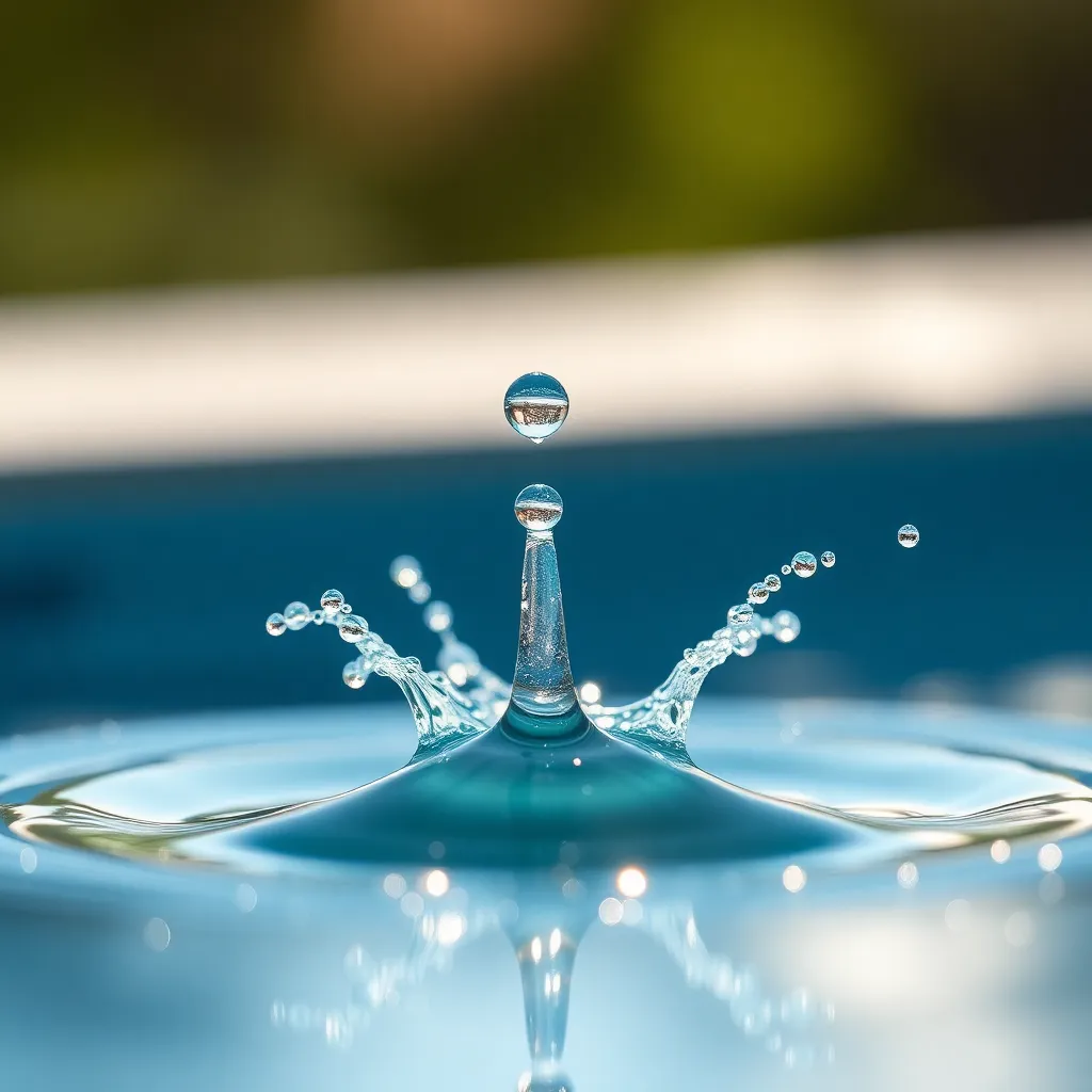 This image captures the stunning moment a water droplet hits a surface, creating an exquisite splash. Using a Fujifilm GFX 100S, the photograph highlights the intricate details of the droplet and its impact through natural backlighting. The soft, muted color palette enhances the tranquility of the scene, while the shallow depth of field adds an ethereal quality. The composition immerses the viewer in the physics of movement, showcasing the beauty of water in motion.