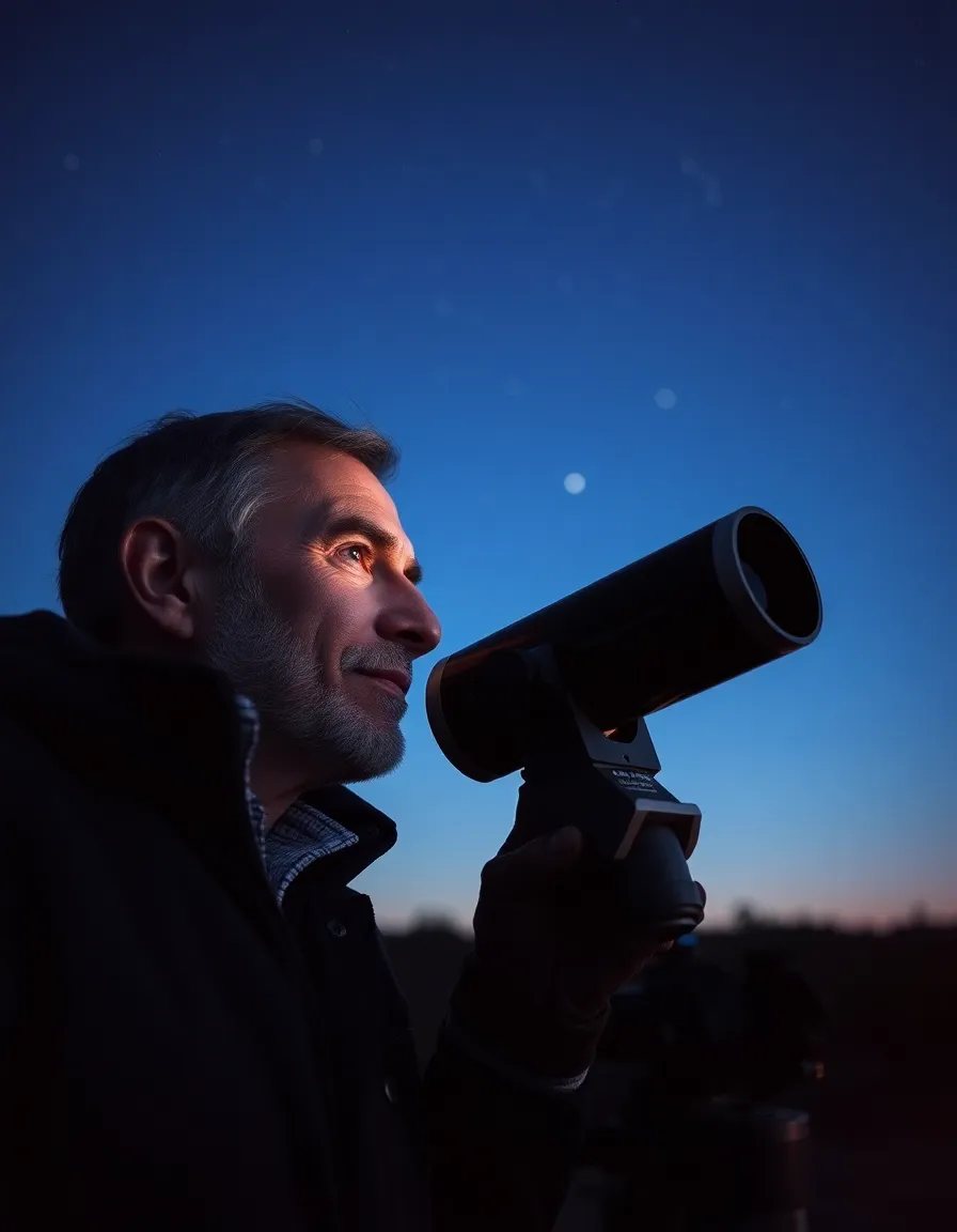 This image captures a dedicated astronomer intently observing the stars through a telescope during twilight. Shot with a Hasselblad X2D 100C, the serene glow of the evening light enhances the atmosphere, while the rich colors of the night sky create a captivating backdrop. With a shallow depth of field, the astronomer's focused expression stands out against the softly blurred stars. The composition's Dutch angle adds an element of dynamism, drawing viewers into this enchanting moment of scientific exploration.