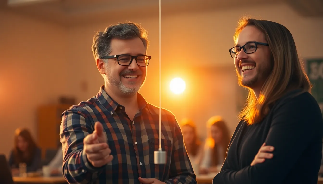 A captivating moment captured in a physics classroom, where a teacher joyfully explains pendulum motion to engaged students. The warm glow of golden hour backlighting creates a vibrant atmosphere, highlighting chalk dust particles floating in the air. The teacher's expression is animated and full of enthusiasm, complementing the warm color tones of the room. The shot's composition effectively utilizes the rule of thirds, drawing attention to the teacher while keeping the students in soft focus.