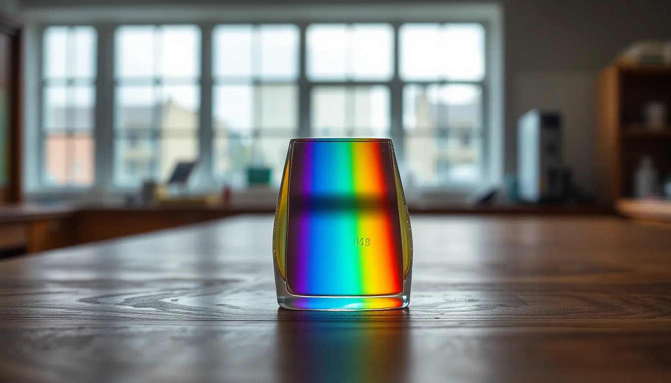 A mesmerizing capture of a glass prism refracting light into a vibrant spectrum on a rustic wooden table. The soft, diffused daylight through a laboratory window enhances the colors, creating a warm and inviting atmosphere. The composition highlights the delicate interplay of light and material, with the bokeh effect drawing attention to the prism. This image beautifully illustrates the concept of light refraction in physics, offering both educational and aesthetic appeal.