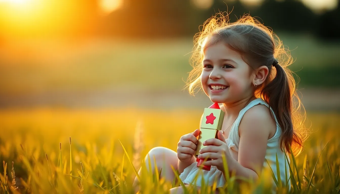 Young Girl Launching Homemade Rocket in Field