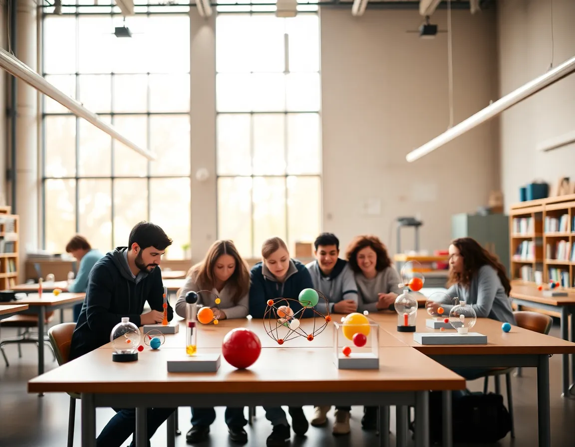 Engaged Students in Physics Classroom This lively image captures a physics classroom where engaged students collaboratively explore interactive models of atoms and molecules. Natural light bathes the room in warmth, highlighting the vibrant colors of the educational materials. With a shallow depth of field, the focus remains on the students, fostering an atmosphere of learning and curiosity. The inviting composition encourages viewers to feel the energy of the classroom.