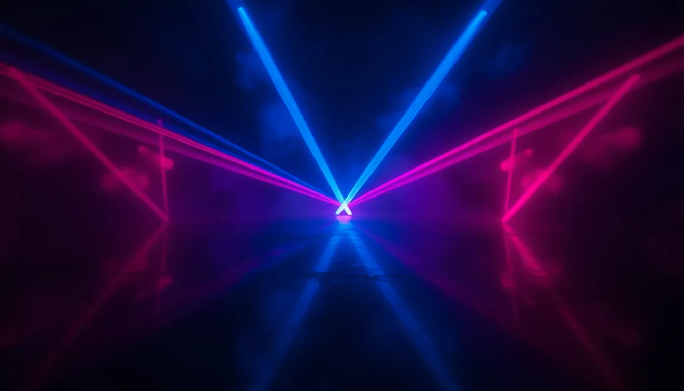 An electrifying capture of neon lasers creating stunning wave interference patterns in a dark room. The vivid blue and magenta lights cut through the mist, illuminating intricate designs and reflections on surrounding surfaces. With a shallow depth of field, the image emphasizes the mesmerizing patterns while softening the background into a dreamlike quality. This photograph vividly illustrates the principles of wave physics in a visually captivating manner, appealing to science enthusiasts and artists alike.