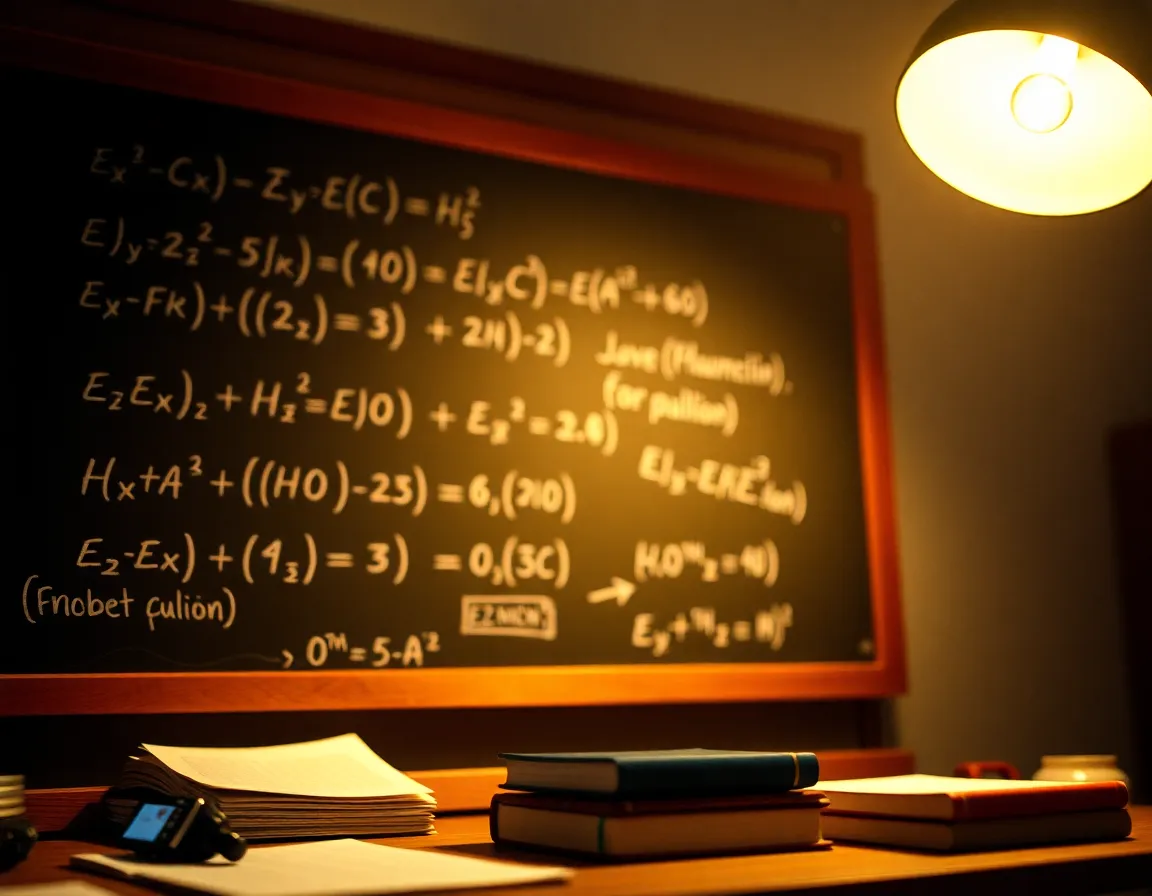 Chalkboard with Physics Equations and Notes This image captures a chalkboard filled with complex physics equations, illuminated by the warm glow of a tungsten lamp. The foreground focus on the equations creates intrigue, while the chalk dust particles dancing in the light add a touch of dynamic energy. The warm color palette and symmetrical composition evoke a sense of scholarly dedication, perfect for educational themes.