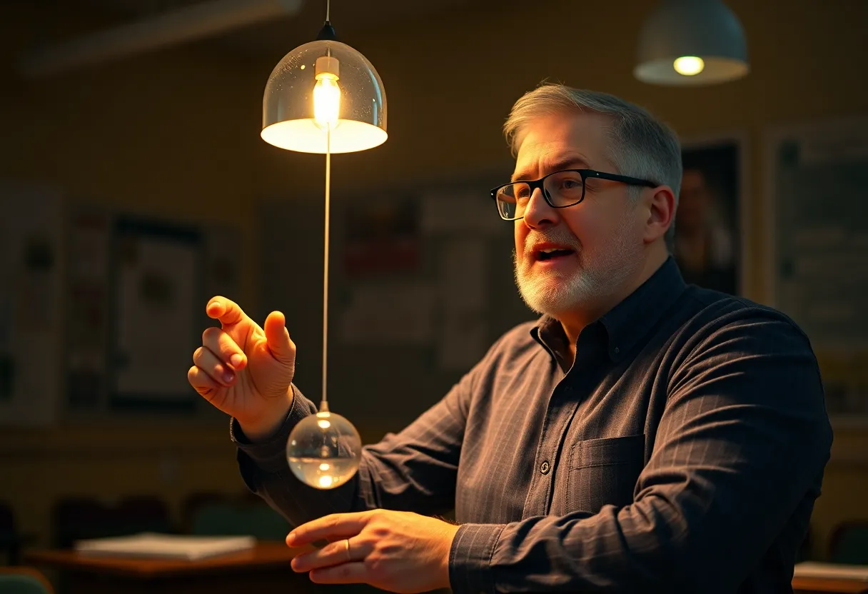 The image showcases an engaging moment in a classroom as a physics teacher demonstrates the principles of motion with a pendulum. The warm lighting creates an inviting ambiance, drawing viewers into the educational scene. The teacher’s enthusiastic expression highlights the joy of learning, while the soft background keeps the focus on the core demonstration. This image is perfect for educational materials or promotional content.