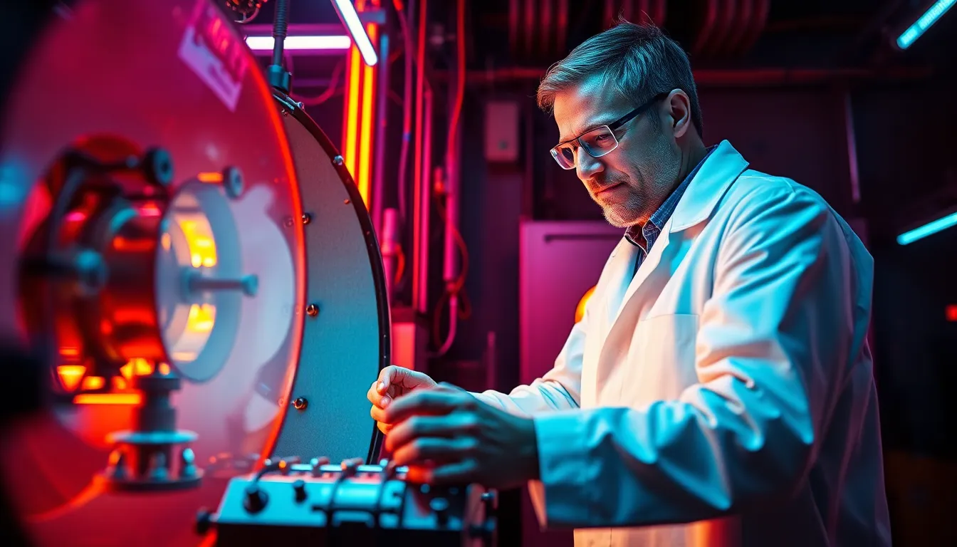 Witness a captivating moment in physics as a scientist operates a sophisticated particle accelerator, enveloped in vibrant neon lights. The electrifying colors and sharp focus create a visually stunning representation of cutting-edge science. The stark contrast of teal and orange hues enhances the drama of the scene, while leading lines of the machine guide the viewer's attention to the scientist's intense focus. This image encapsulates the thrill of scientific discovery and experimentation at the frontier of physics.