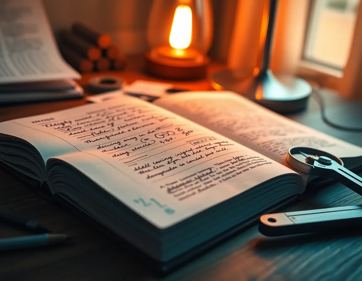A close-up view of a physics textbook surrounded by essential scientific tools, illuminated by a warm desk lamp. The cinematic teal and orange color grading adds depth and interest to the scene. The detailed textures of the wooden desk and scientific instruments evoke a sense of study and exploration. This image is perfect for educational content and science-related articles.