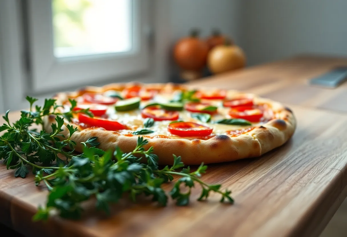 Freshly Made Pizza on Herb-Covered Cutting Board