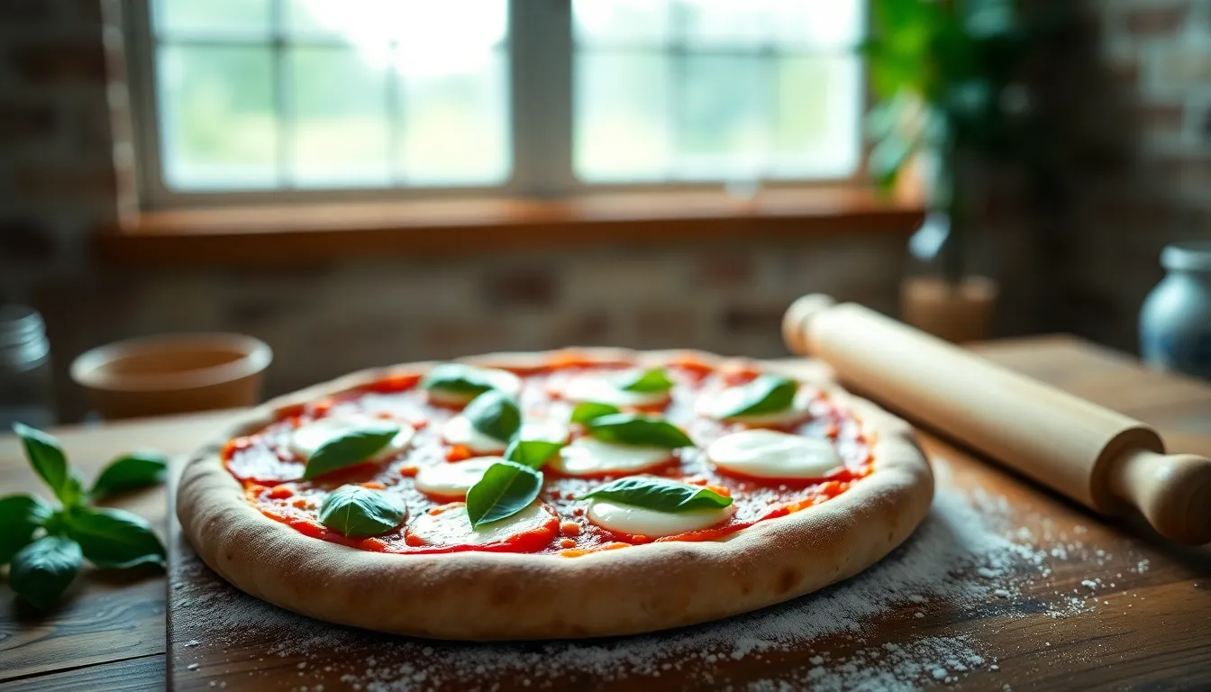 This photorealistic image features a freshly baked Margherita pizza sitting on a rustic wooden table. The overcast daylight streaming through large windows highlights the vibrant colors of the fresh basil and rich tomato sauce. Textures of the bubbling mozzarella and flour dust on the table create an inviting atmosphere, making it a perfect setting for food lovers. The composition carefully places the pizza according to the rule of thirds, ensuring a captivating focal point.