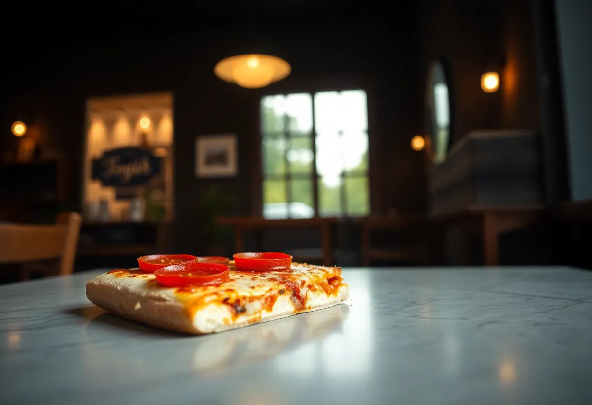 This image captures a tantalizing slice of pepperoni pizza resting on a café table, illuminated by soft, diffused daylight. The muted colors enhance the inviting nature of the café, while the rich reds of the pepperoni pop against the cheese. The meticulous details of the cheese texture and the warm atmosphere make this shot perfect for food-related content. It invites viewers to indulge in a comforting dining experience.