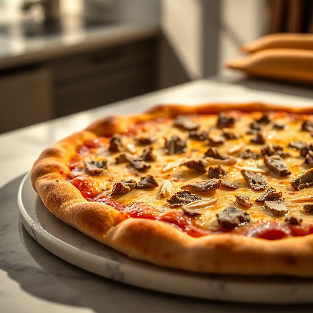 This exquisite close-up image presents a gourmet truffle pizza, elegantly arranged on a sleek marble countertop. Captured in warm natural light, the intricate details of the shaved truffles and melty cheese stand out beautifully. The meticulous focus highlights the luxurious ingredients, creating an enticing visual feast for foodies. This image embodies gourmet quality and sophistication, perfect for upscale culinary publications and gourmet pizza promotions.