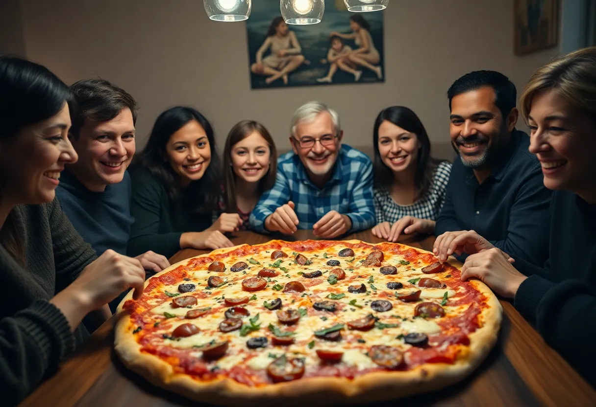This heartwarming image captures a family gathered around a table, sharing a large pizza loaded with delicious toppings. The warm lighting creates a cozy atmosphere, enhancing the joyful expressions on their faces as they enjoy each other's company. The nostalgic color palette enriches the scene, inviting viewers to feel the love and camaraderie that food brings. This image perfectly encapsulates the essence of family dining and celebration.