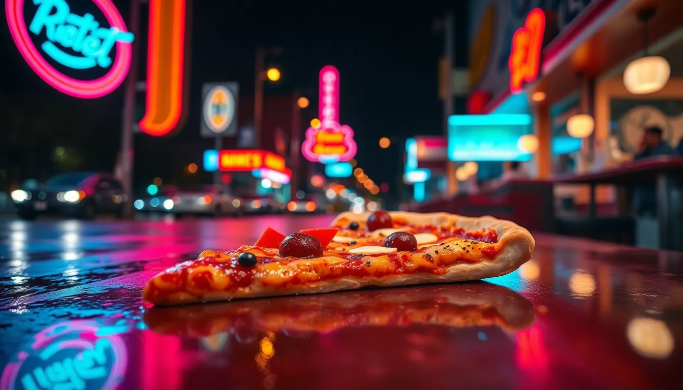 Nighttime Pizza Slice at a Retro Diner This vibrant nighttime image depicts a slice of pizza set against the backdrop of a retro diner, illuminated by colorful neon lights. The shallow depth of field emphasizes the pizza's delicious toppings while the Dutch angle adds dynamism to the composition. The reflections on the wet countertop create an engaging visual contrast with the warm tones of the pizza, transporting viewers to a lively dining scene. This image captures the essence of culinary enjoyment in an urban nightlife setting.