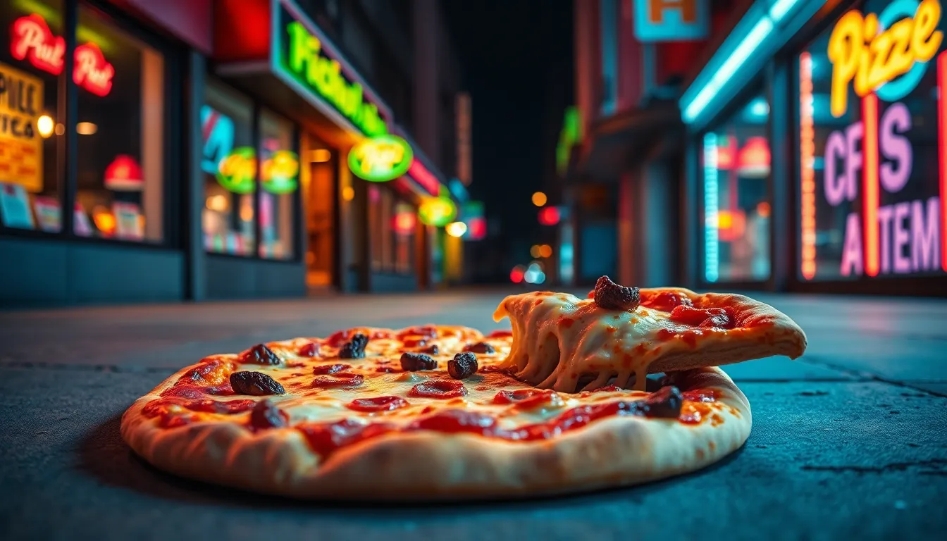 In this vibrant image, a young woman joyfully holds a slice of pepperoni pizza, captured during golden hour with warm backlighting that creates a beautiful glow around her. The selective focus brings attention to the delicious details of the pizza, while the blurred background enhances the cheerful atmosphere. The saturated colors of the pizza contrast brilliantly with the soft natural light, evoking a sense of happiness and warmth perfect for social media.