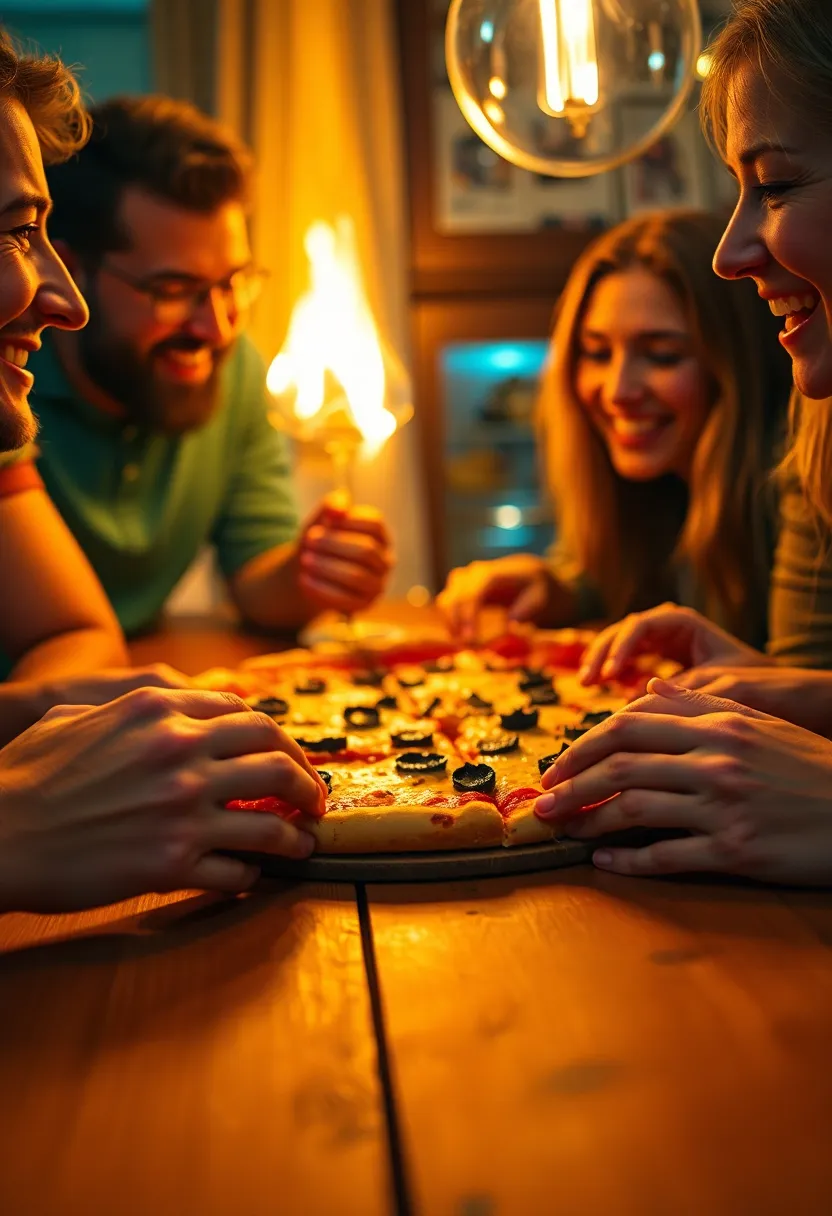 Friends Enjoying Pizza Around Firelight A group of friends gathers around a warm firelight, sharing a delicious pizza during a cozy evening. The flickering shadows dance across their faces, capturing moments of laughter and connection. The macro focus highlights the pizza's texture, while the cinematic color grading adds warmth to the scene. This image perfectly encapsulates the joy of good food and great company.