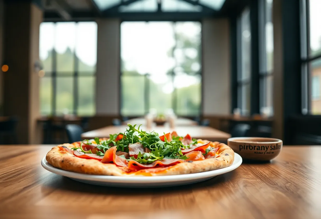 A gourmet pizza is elegantly styled on a white plate, featuring fresh arugula and prosciutto, with a side of dipping sauce in a rustic bowl. The soft, diffused daylight from the windows enhances the muted color palette, creating a calm and sophisticated atmosphere. The selective focus brings the toppings into sharp relief, while the background remains softly blurred. Perfect for gourmet food publications and culinary blogs.
