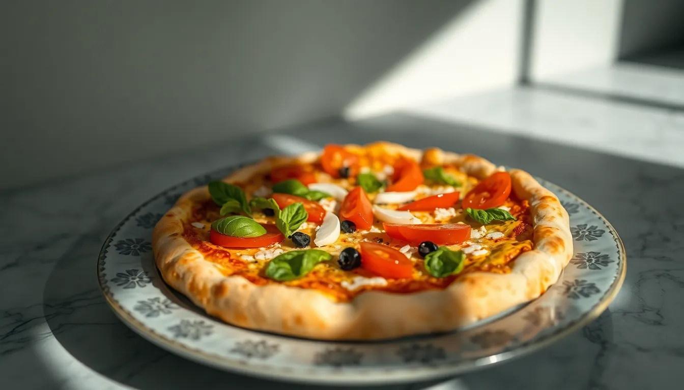 Artfully Arranged Pizza with Fresh Ingredients An artfully arranged pizza perched on a beautifully patterned plate, surrounded by an array of fresh ingredients. The overhead lighting gently illuminates the scene, casting soft shadows that add depth. The shallow depth of field creates a dreamy bokeh effect around the dish, drawing attention to the vibrant toppings on the golden crust. This composition not only highlights the pizza but also complements the fresh ingredients, making it a visually striking culinary showcase.