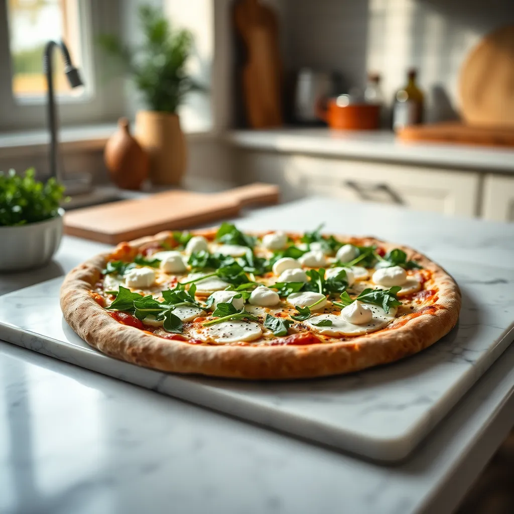 This striking close-up showcases a gourmet white pizza artfully arranged on a smooth marble board, with fresh arugula and creamy cheeses. The soft diffused daylight from a nearby window enhances the colors and textures, making each ingredient pop. The muted color palette and elegant composition create a sophisticated culinary image, perfect for upscale dining publications and food influencers looking to highlight gourmet dishes.