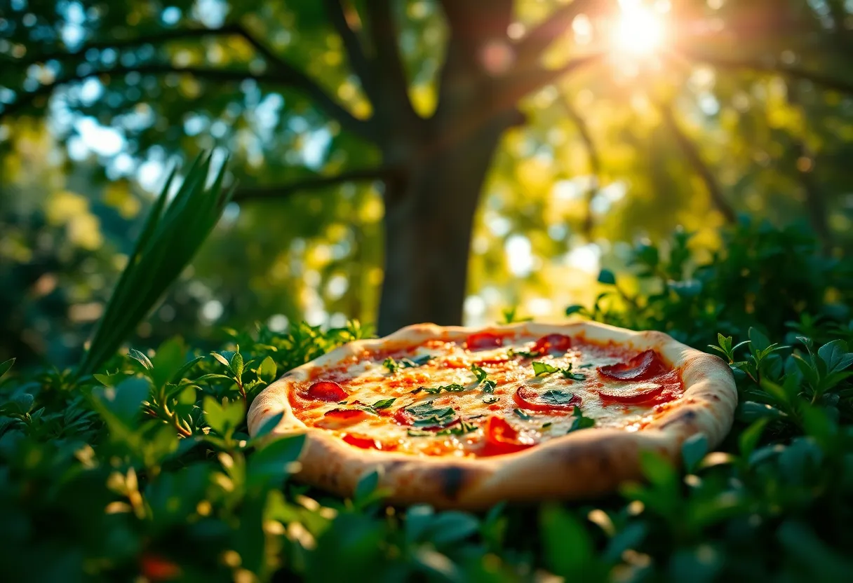 Pizza Surrounded by Nature A mouthwatering pizza is set against a lush backdrop of greenery, captured in dappled sunlight filtering through the trees. The arrangement includes fresh herbs and vibrant garnishes, enhancing the natural aesthetic. The shallow depth of field places the focus on the pizza while soft bokeh creates a dreamy atmosphere. This image brings together food and nature, evoking a sense of freshness and vitality.