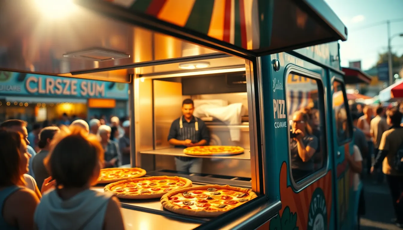 This dynamic image captures the vibrancy of a pizza truck at a bustling street fair, inviting visitors with its colorful graphics and delicious offerings. Sunlight illuminates the scene, enhancing the textures of the golden-brown pizza crusts displayed in the window. The selective focus highlights the appetizing details of the pizzas while the energetic crowd in the background softly blurs, creating a lively ambiance. The cinematic teal and orange color grading adds to the festive spirit, making this image perfect for showcasing street food culture.