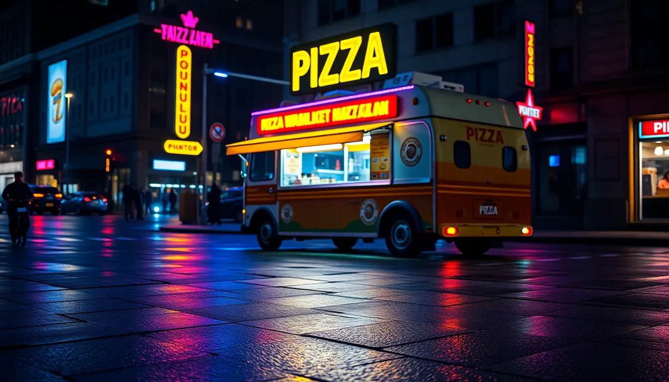 This dynamic image depicts a vibrant pizza food truck illuminated by neon signs, creating a lively urban atmosphere at night. Reflections on the wet pavement enhance the scene's visual appeal, with vivid colors drawing the eye towards the truck. The sharp details and textures emphasize the bustling energy of city life and the allure of street food, making this shot ideal for culinary and lifestyle marketing.