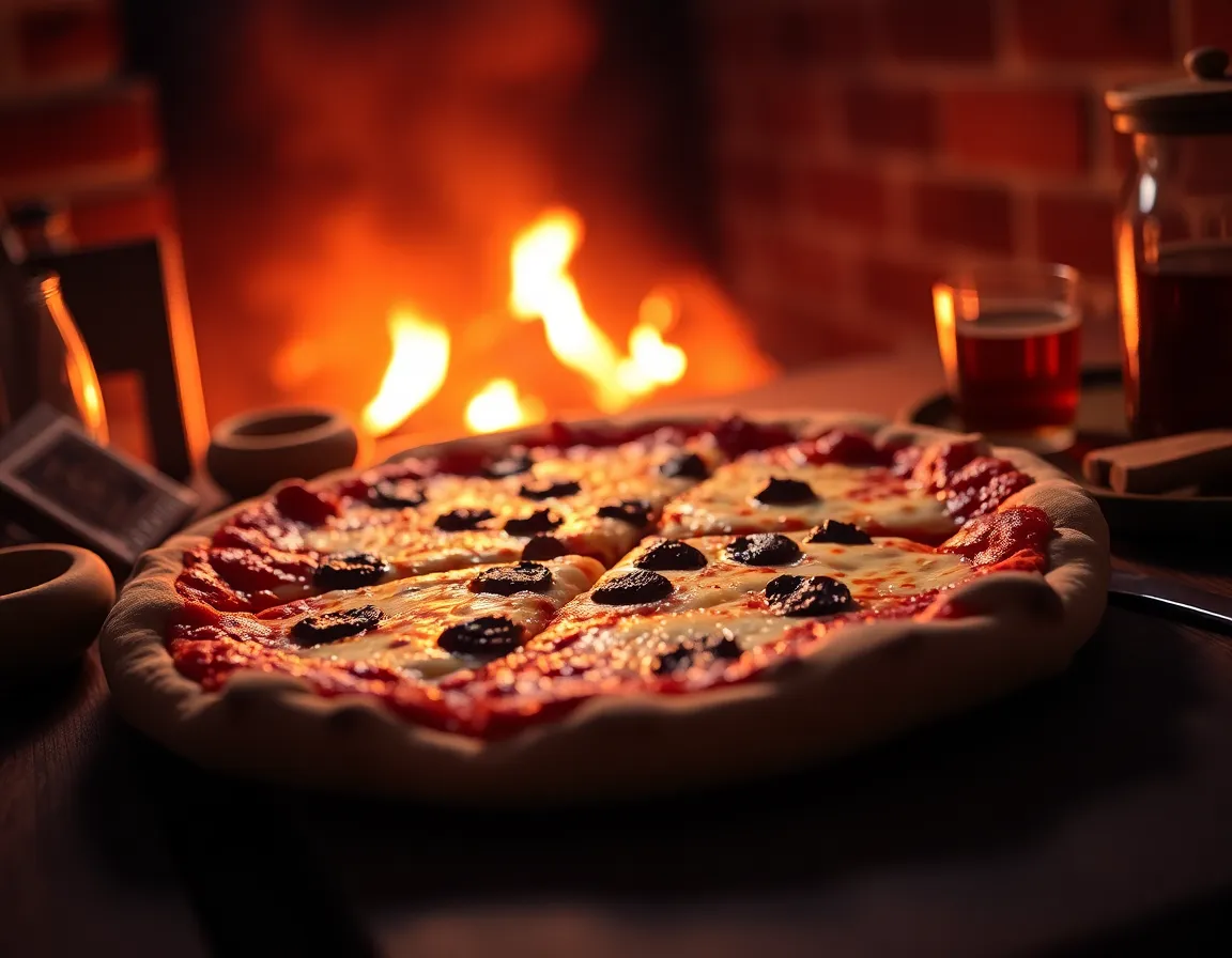 A warm and inviting pizza scene set around a firelit dinner table, with flickering shadows adding a cozy ambiance. The focus is on the pizza's crispy crust and melted cheese, showcasing the delicious details. The rich colors and dynamic composition create an intimate mood, perfect for sharing moments with loved ones. The rustic tableware complements the scene, enhancing the overall warmth and charm.