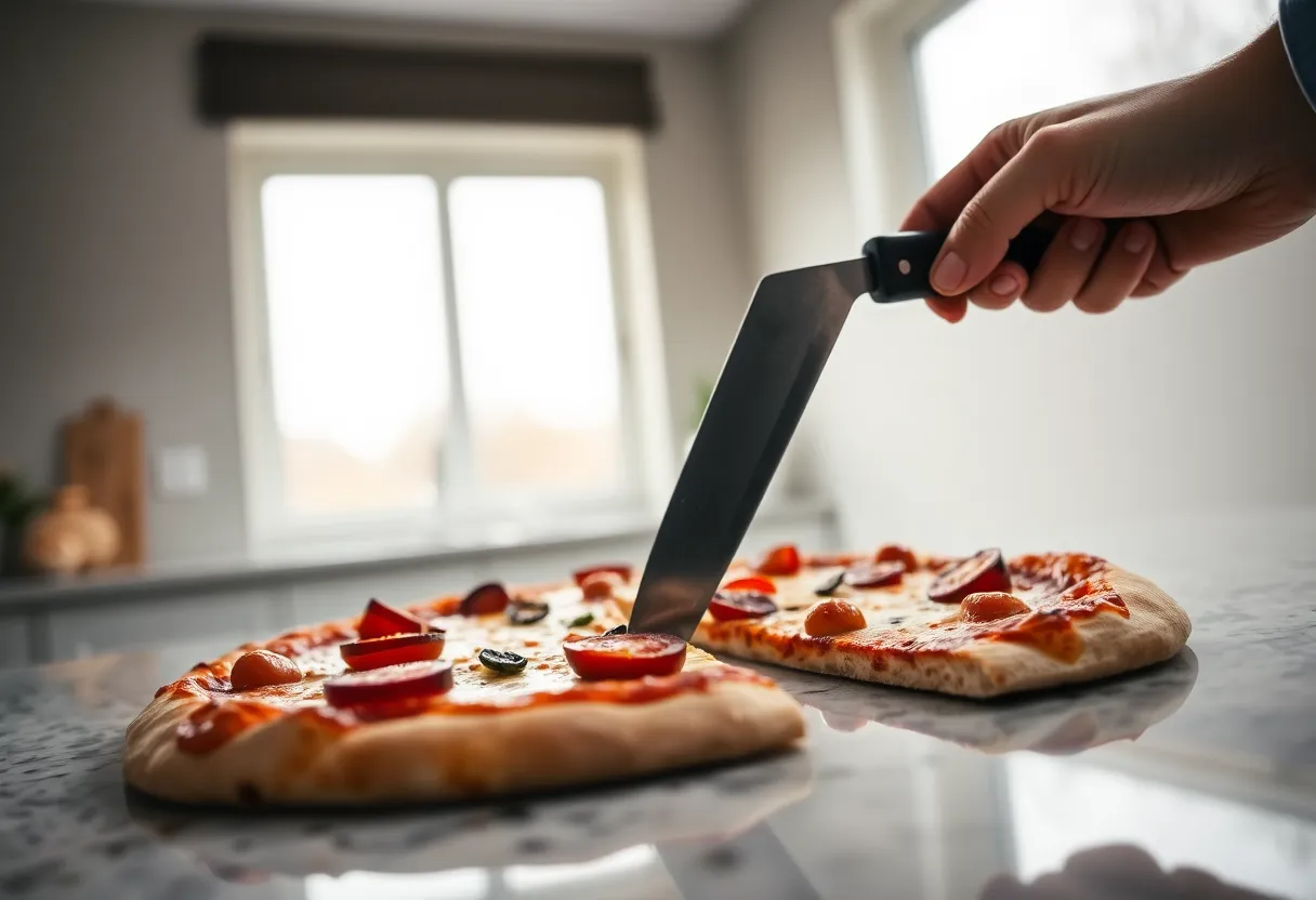 Slicing a Freshly Baked Pizza in a Modern Kitchen In this image, a freshly baked pizza is being sliced in a contemporary kitchen, with soft overcast light illuminating the scene. The sharp focus captures the detailed textures of the crust and toppings, while the muted color palette lends a sophisticated air to the composition. The sleek granite countertop complements the pizza, enhancing its appeal. This image reflects the joy of cooking and the art of food preparation in a modern culinary setting.