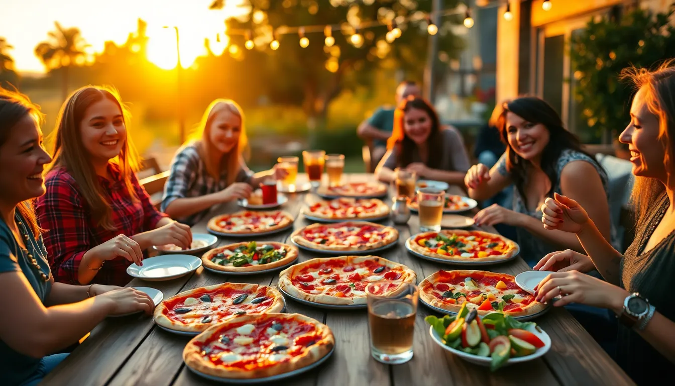 This vibrant outdoor scene captures the essence of a joyful pizza party at sunset. Friends gather around a wooden table filled with an array of colorful pizzas, surrounded by sparkling string lights that enhance the cheerful atmosphere. The golden backlighting from the sunset casts a warm glow, accentuating the textures of the pizzas and the happy faces of the guests. The deep depth of field ensures that every detail is sharply in focus, making this image perfect for conveying a sense of community and celebration.