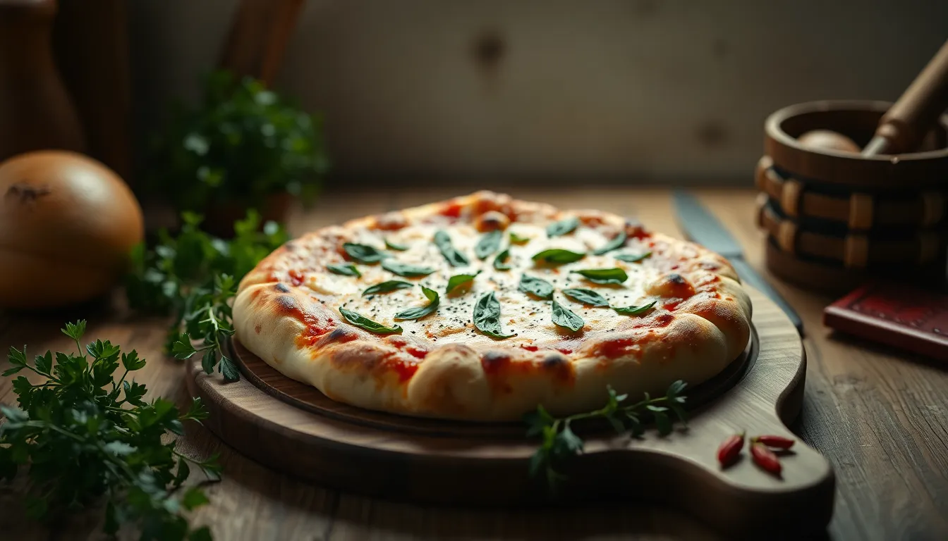 Rustic Whole Pizza Surrounded by Fresh Herbs An inviting rustic scene featuring a whole pizza beautifully displayed on a wooden cutting board. The overcast daylight creates a soft, even lighting that enhances the natural muted tones of the pizza, emphasizing the freshness of the herbs and spices surrounding it. The symmetrical composition draws the eye to the center, making it the focal point of this cozy culinary setting. This image is perfect for showcasing homemade pizzas and rustic dining experiences.