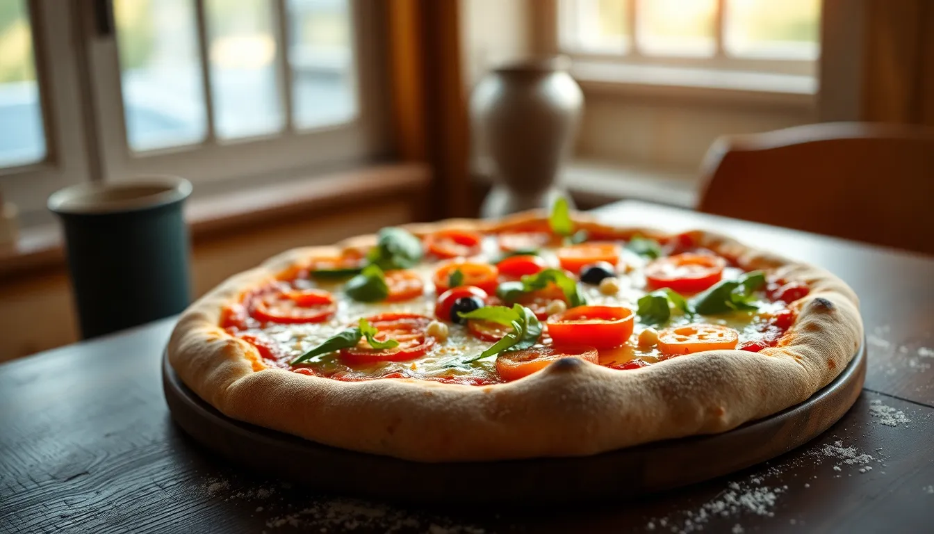 This image showcases a beautifully arranged pizza adorned with fresh vegetables and cheese, set on a rustic wooden table. The soft morning light enhances the inviting colors, creating warmth and a homely feel. A dusting of flour on the table adds texture, while the creamy bokeh in the background emphasizes the delectable dish. The composition draws the viewer's eye while placing the pizza in an engaging off-center position.