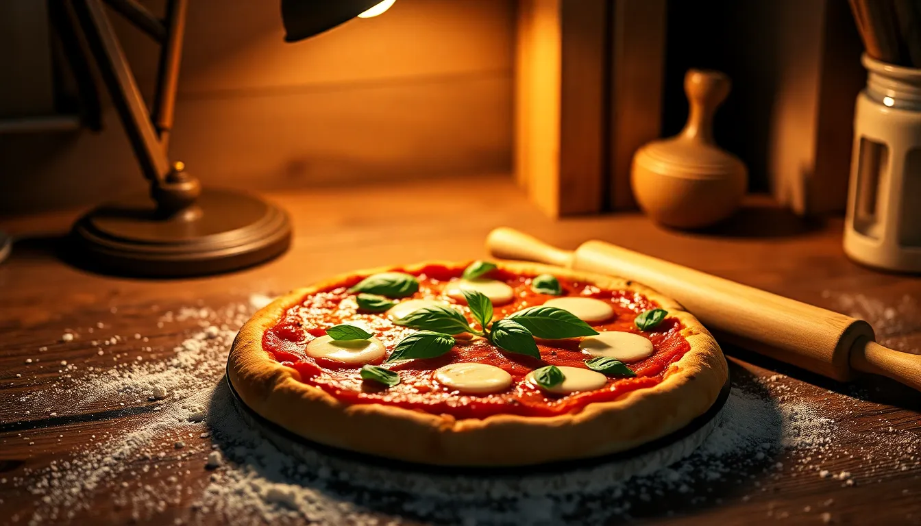 Freshly Baked Margherita Pizza on Rustic Table This image captures a freshly baked Margherita pizza on a rustic wooden table, illuminated by a warm tungsten lamp. The vibrant colors of fresh basil, mozzarella, and tomato sauce stand out against the rich wood grain. The shallow depth of field draws attention to the pizza, creating an inviting and cozy atmosphere. Flour scattered around adds a touch of authenticity to the scene.