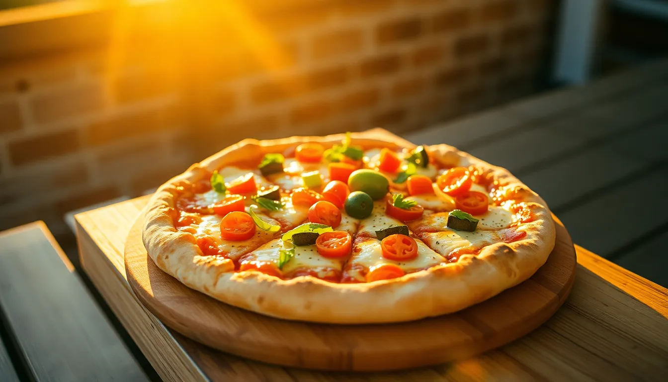 Artisan Wood-Fired Pizza with Fresh Toppings This image captures a beautifully crafted artisan pizza, freshly baked and adorned with colorful vegetables and bubbling cheese. The warm golden hour light enhances the rich tones of the pizza and the rustic wooden board beneath it. The shallow depth of field draws focus to the pizza, while softly blurring the background, inviting viewers to savor every detail of this culinary delight. The overall mood is warm and inviting, ideal for food lovers and culinary enthusiasts.