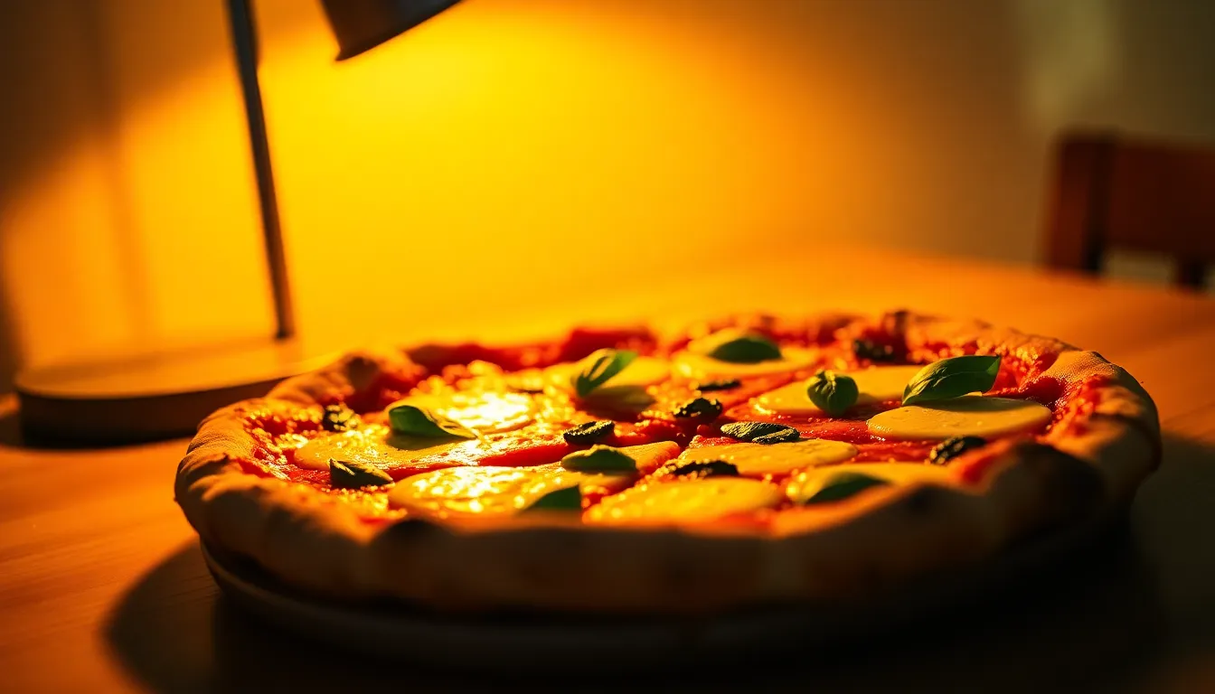 This inviting image captures a freshly baked Margherita pizza, showcasing its bubbling mozzarella and vibrant basil against a rustic wooden table. Warm tungsten lighting highlights the golden crust and rich textures, while a shallow depth of field draws focus to the pizza's delicious details. The overall composition is symmetrical, inviting viewers to savor the moment. This scene evokes a cozy, home-cooked atmosphere, perfect for food enthusiasts.