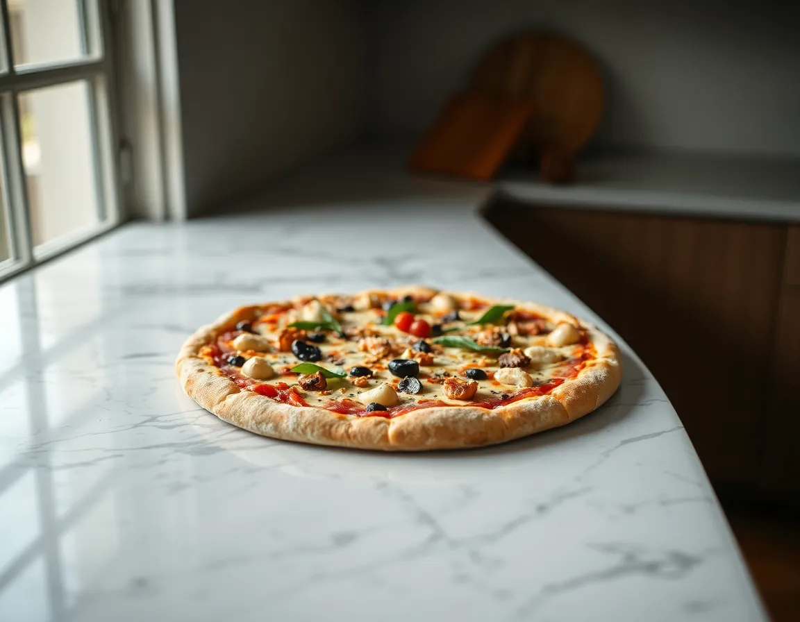 This image presents a gourmet pizza artfully arranged on a sleek marble countertop. The soft diffused light highlights the intricate details of the toppings and crust, creating an elegant look. With a hyperfocal distance ensuring everything is in sharp focus, the natural muted tones add sophistication to the composition. The centered arrangement draws attention to the pizza’s delicious features, making it an appealing choice for gourmet food enthusiasts.
