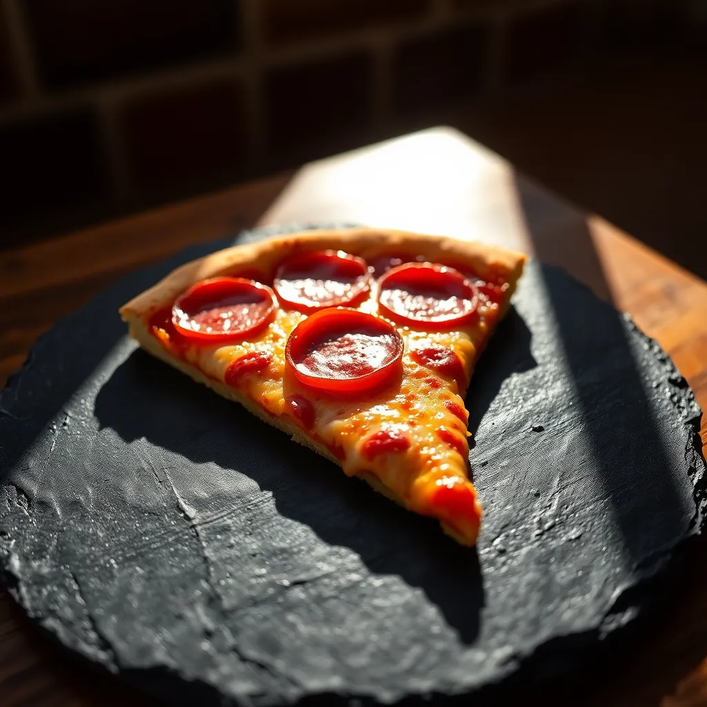 Close-Up of Mouthwatering Pepperoni Pizza Slice This close-up image showcases a delicious slice of pepperoni pizza on a textured black slate plate, illuminated by bright sunlight. The rich colors of the cheese and pepperoni are enhanced through vibrant color grading, making the pizza look irresistible. The selective focus captures the details beautifully while keeping the background elegantly blurred. The dramatic shadows add depth and texture, inviting viewers to enjoy a slice.