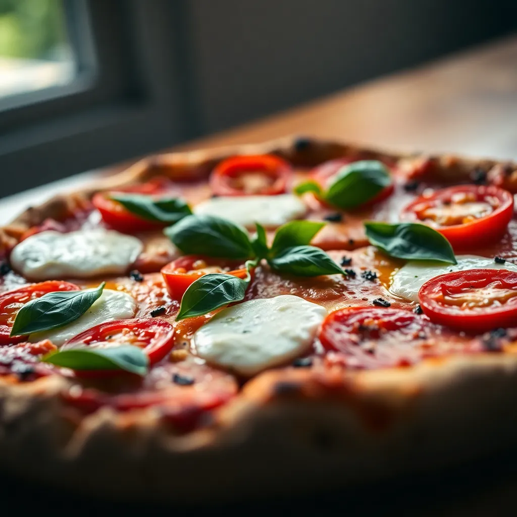 This exquisite close-up image highlights a gourmet Margherita pizza topped with vibrant basil, creamy mozzarella, and ripe tomatoes. Soft natural backlighting accentuates the freshness of the ingredients, creating a mouth-watering appeal. The shallow depth of field draws focus to the textures of the cheese and herbs, while the muted colors provide a serene, artisanal feel. This image invites viewers into a world of culinary delight and fresh flavors.
