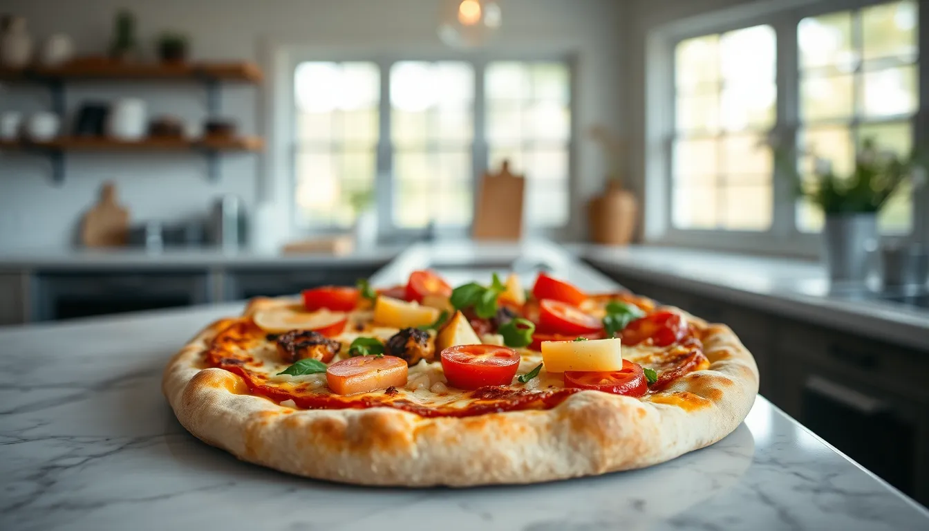 Gourmet Artisan Pizza on Marble Countertop Delight in the beauty of a gourmet artisan pizza displayed on a sleek marble countertop. Captured in soft natural lighting, the arrangement emphasizes the fresh, quality ingredients and unique toppings, creating a wholesome and inviting atmosphere. The shallow depth of field ensures the focus remains on the pizza's textures, making it a feast for the eyes.