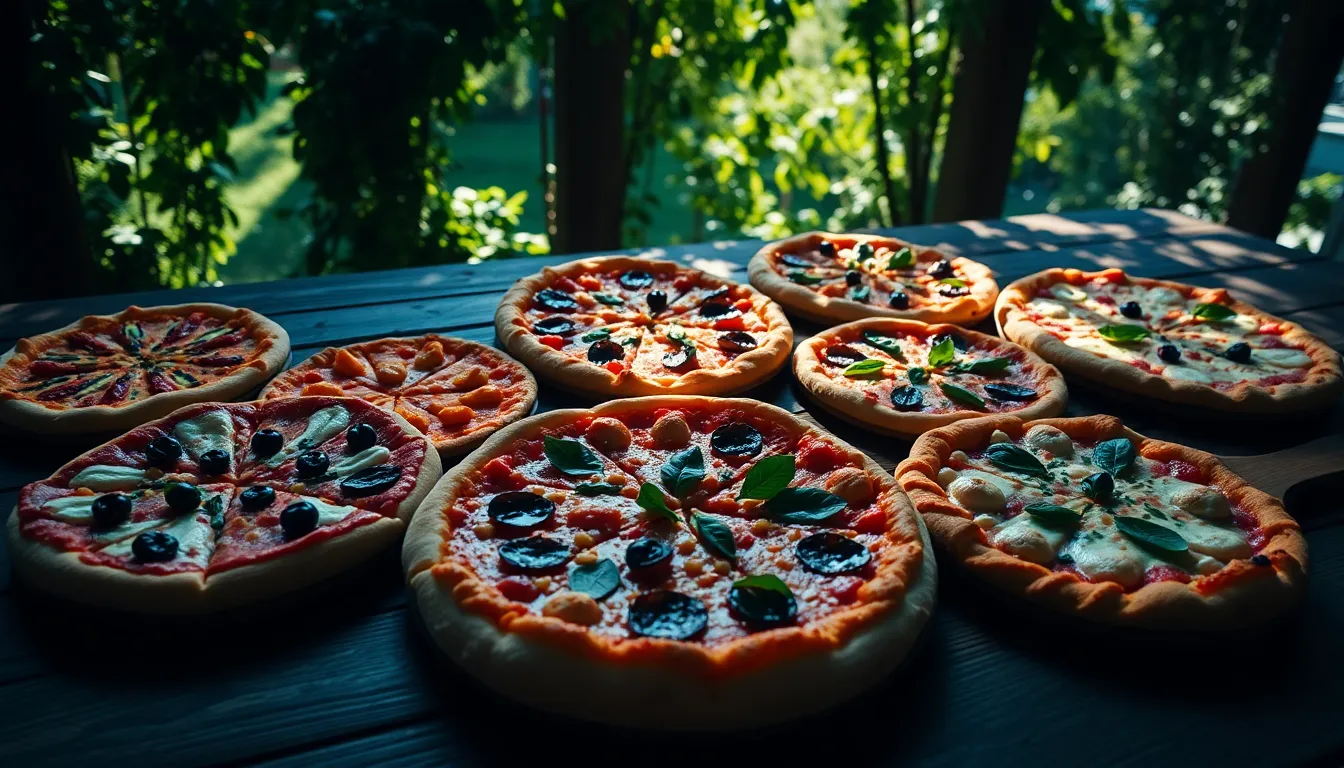 This vibrant flat lay image showcases an assortment of colorful pizzas arranged artistically on a rustic wooden table. Dappled sunlight creates playful patterns, enhancing the fresh ingredients and crispy crusts. Hyperfocal clarity ensures all elements are in focus, inviting viewers to explore each unique flavor. The cinematic teal and orange grading adds a contemporary flair, making this image ideal for food blogs or menus looking to highlight diverse offerings.