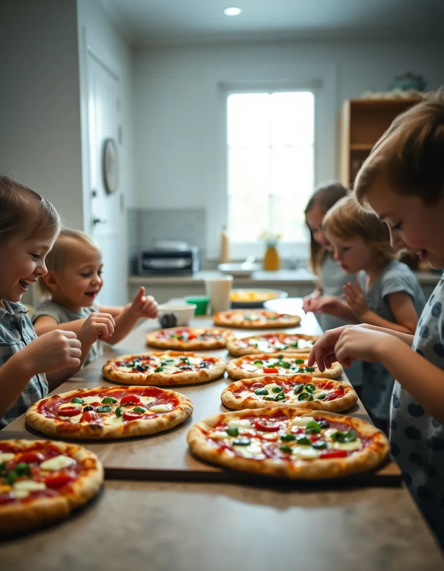 This lively image captures a family pizza night as children joyfully decorate their individual pizzas in a cozy kitchen. The soft diffused lighting creates a warm, inviting atmosphere that highlights the vibrant colors of toppings and smiles alike. Selective focus on the children’s excited expressions draws the viewer in, embodying the joy of cooking together. The leading lines of the countertop guide the eye through the fun chaos, making this a heartwarming scene.