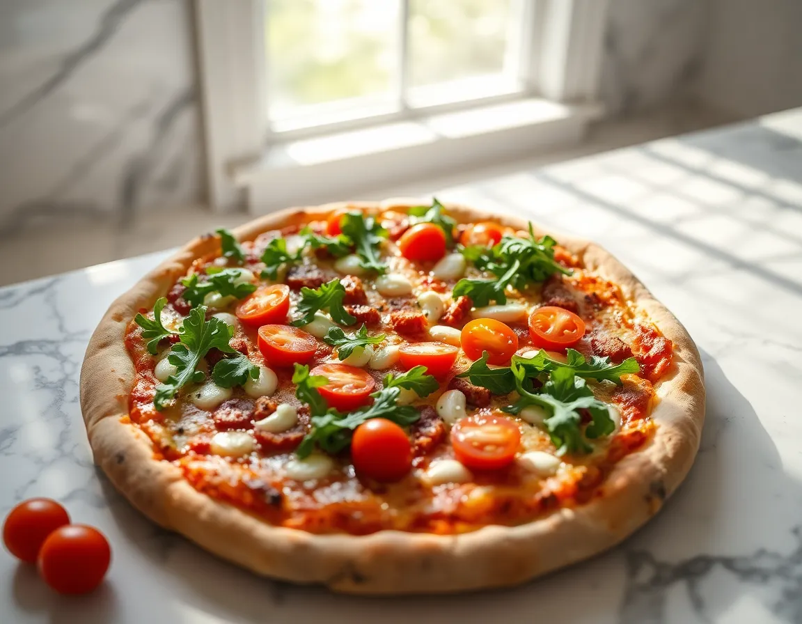 This stunning image highlights a gourmet pizza adorned with a colorful array of fresh toppings, showcased on a sleek marble countertop. Dappled sunlight enhances the vibrant colors, making the ingredients look fresh and inviting. The shallow depth of field adds an artistic touch, drawing attention to the pizza while softly blurring the surrounding details. This visually striking composition not only highlights the beauty of the dish but also evokes a sense of culinary sophistication.