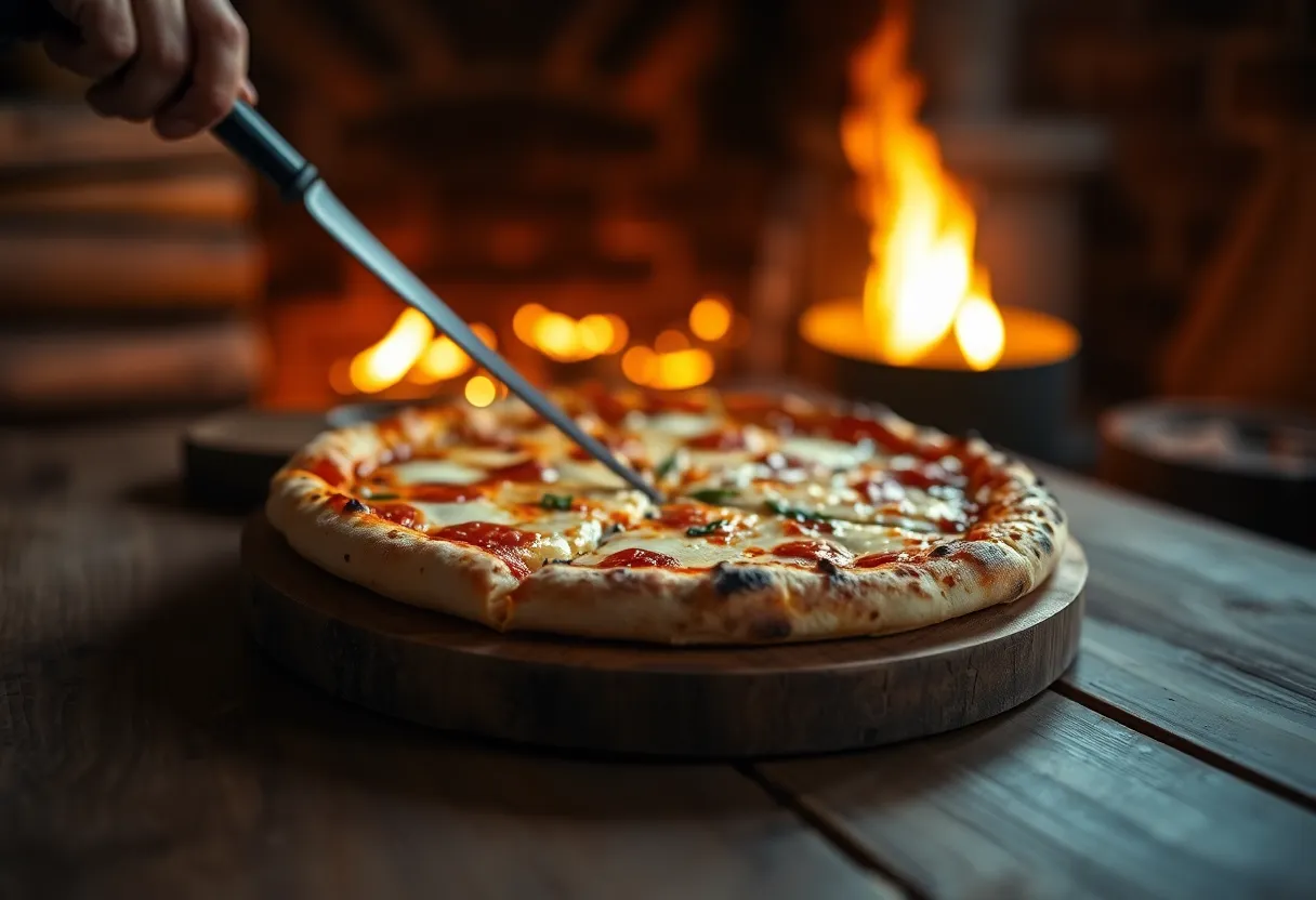Cozy Pizza Pull with Firelight Background This cozy image captures a slice of pizza being pulled apart on a rustic wooden board, illuminated by warm firelight in the background. The shallow focus creates a dreamy atmosphere, emphasizing the gooey cheese and toppings. The muted color palette complements the natural surroundings, enhancing the inviting warmth of the scene. Leading lines from the board draw the viewer in, making this image feel both intimate and delicious.